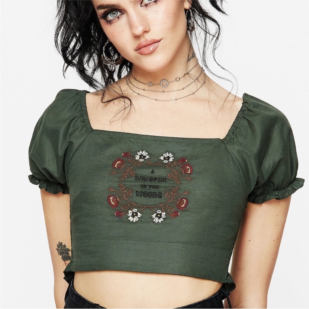 Whisper Embroidered Linen-Blend Smock Crop Top
